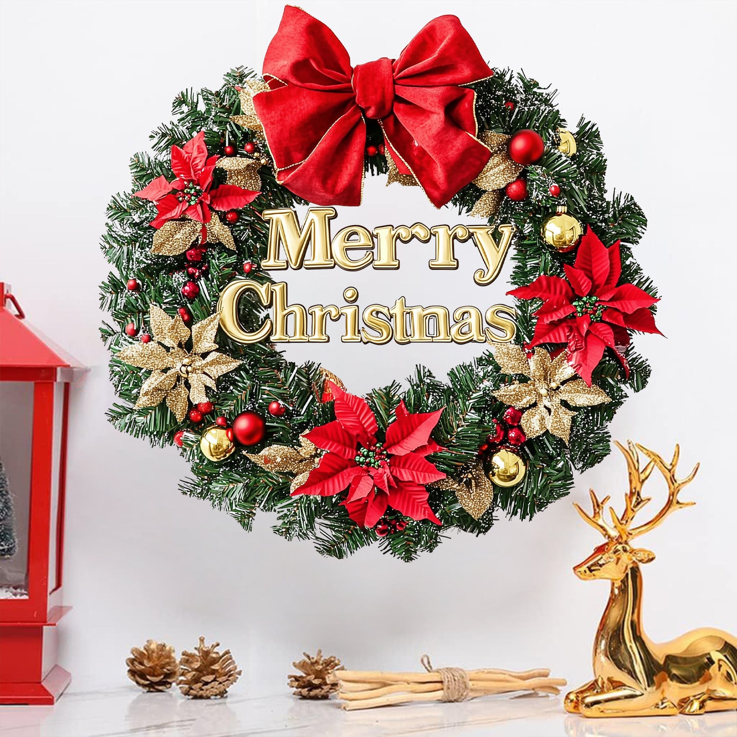 Christmas Bow, Gold and Red Flower Wreath Stickers, Wall Stickers, Decoration for the New Year's Festival