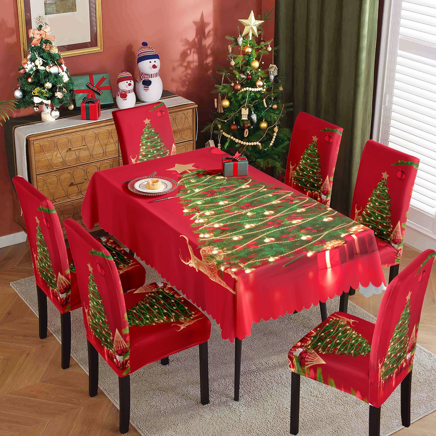 Christmas printed tablecloth, chair cover, waterproof, oil resistant, festive decoration, dining table cloth, chair cover, universal household use