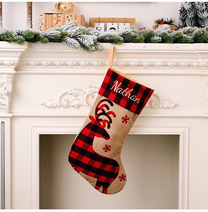 Christmas stockings decoration red and black checkered imitation linen cloth embroidered gift bag