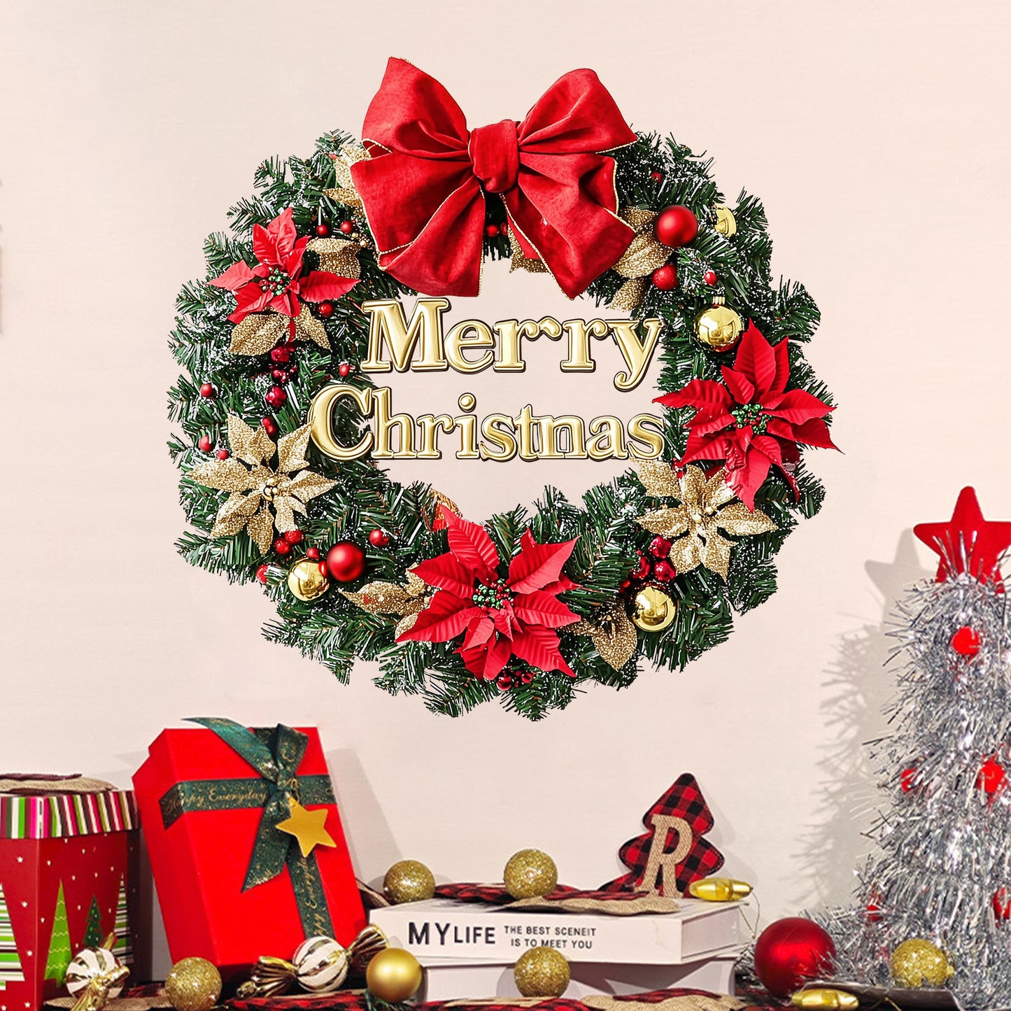 Christmas Bow, Gold and Red Flower Wreath Stickers, Wall Stickers, Decoration for the New Year's Festival