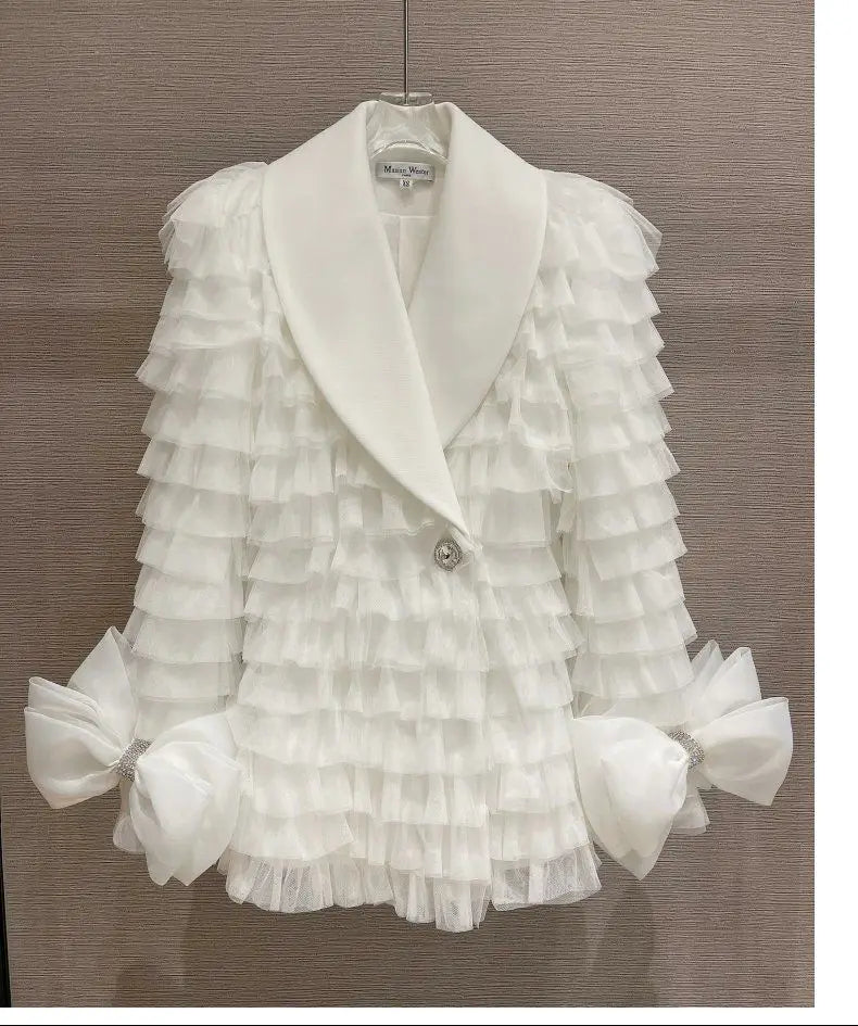 Bow Diamonds Buckles Lace Ruffles Blazers Fairy Pleated White Woman Suits Cardigan Flare Sleeve Tops