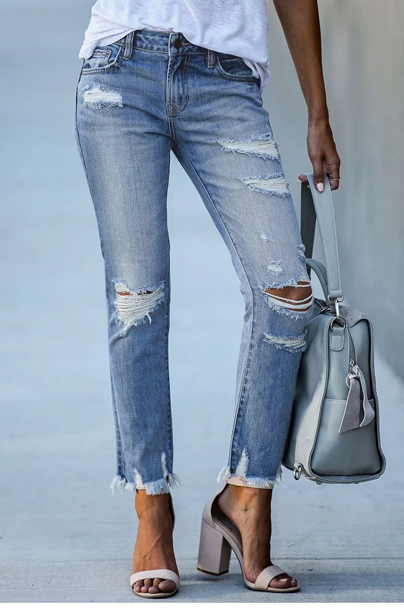 New Pencil Pants Ripped Slim Fit High Waist Vintage Streetwear Casual Fashion Stretch Blue Jeans Woman