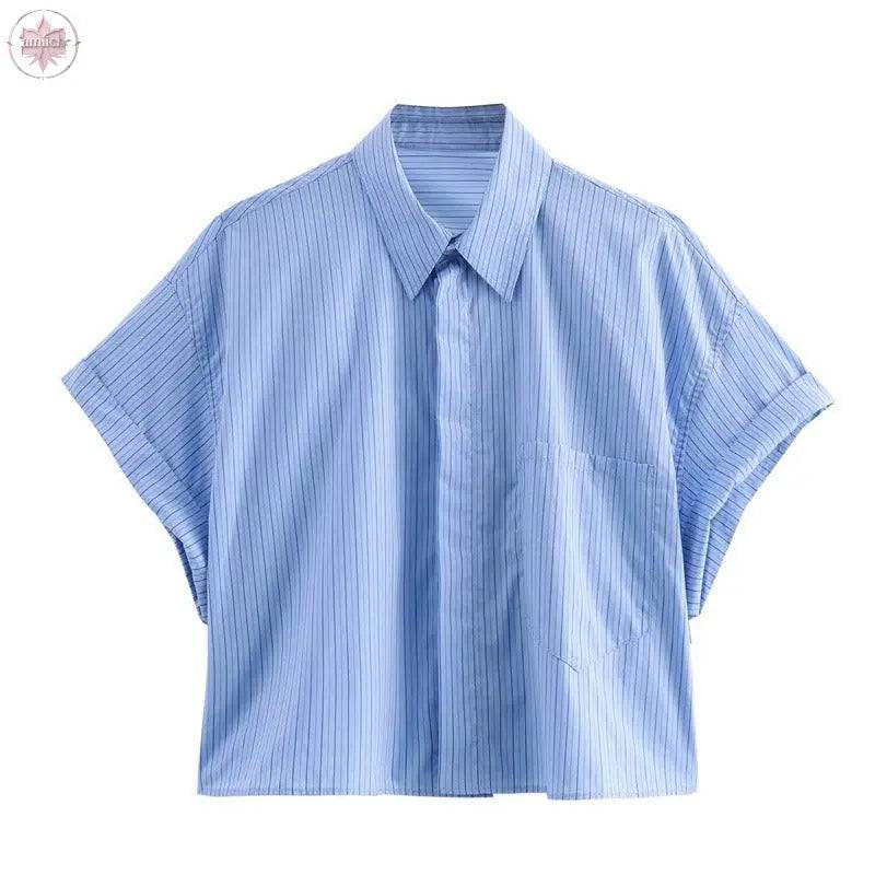 Fashion collar short sleeved single breasted solid color poplin shirt for women - Lamiiche