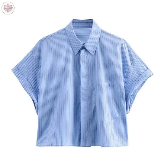 Fashion collar short sleeved single breasted solid color poplin shirt for women - Lamiiche