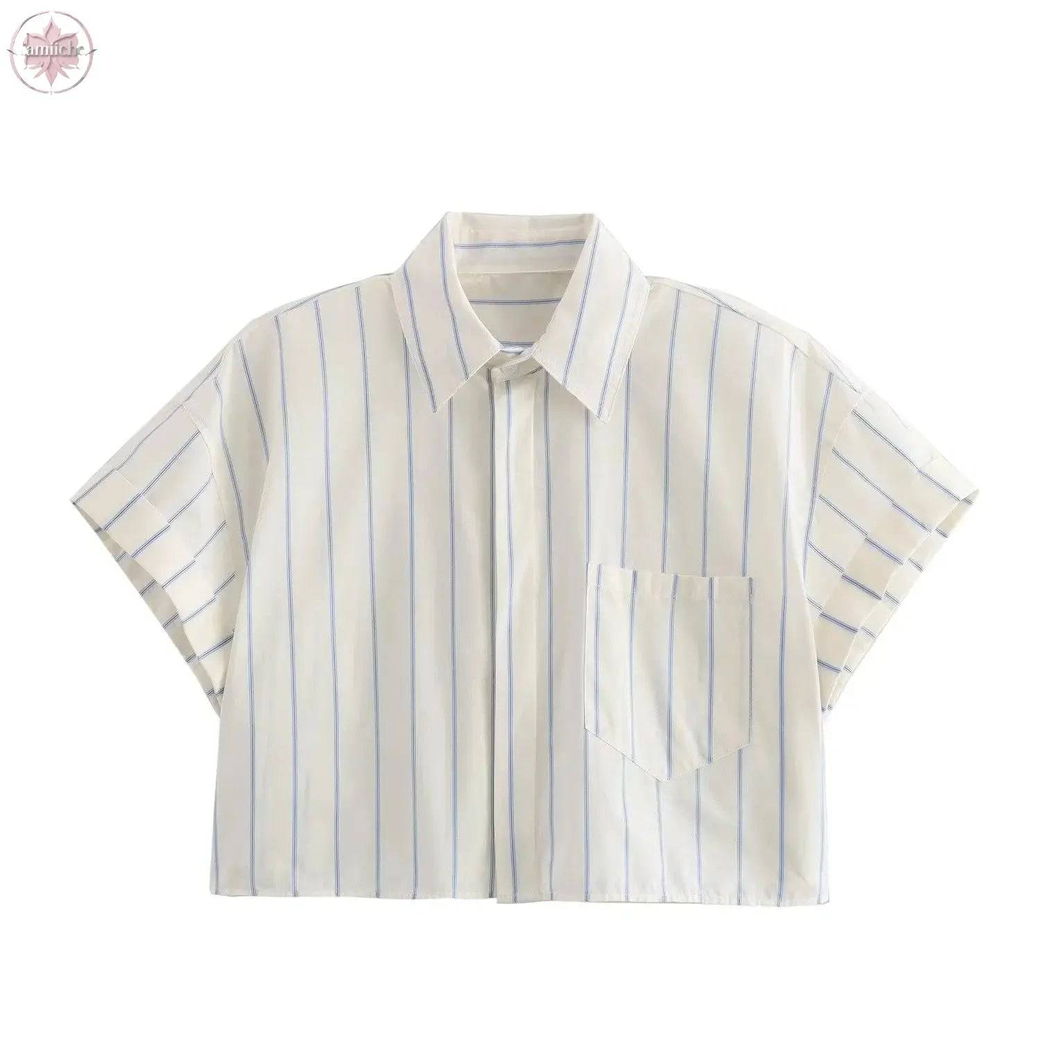 Fashion collar short sleeved single breasted solid color poplin shirt for women - Lamiiche