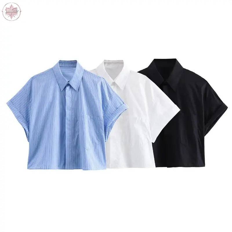 Fashion collar short sleeved single breasted solid color poplin shirt for women - Lamiiche