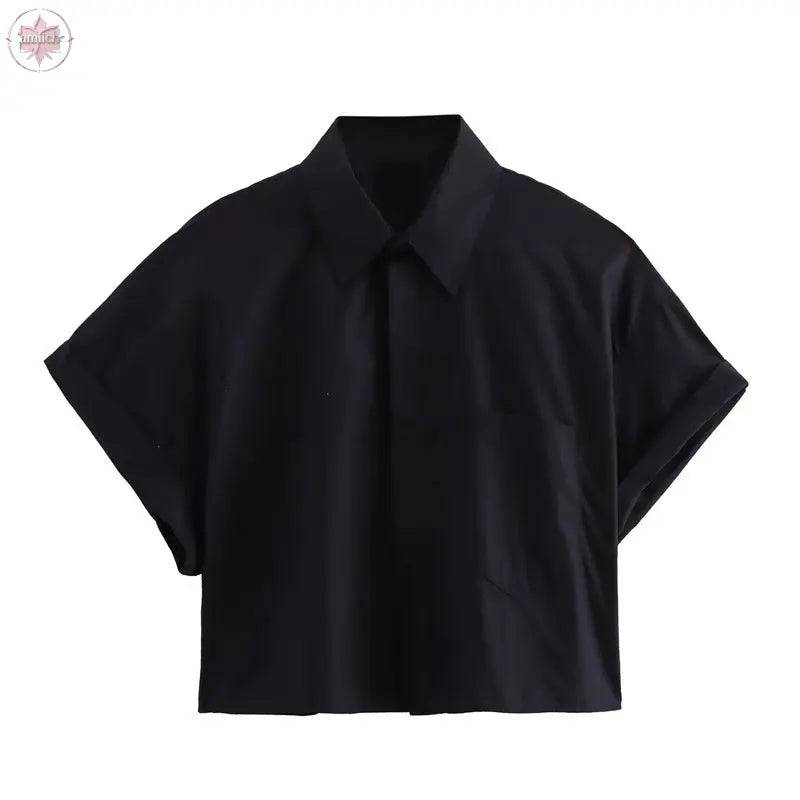 Fashion collar short sleeved single breasted solid color poplin shirt for women - Lamiiche