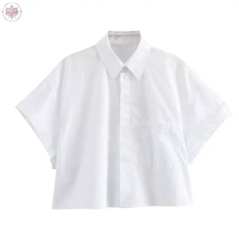 Fashion collar short sleeved single breasted solid color poplin shirt for women - Lamiiche