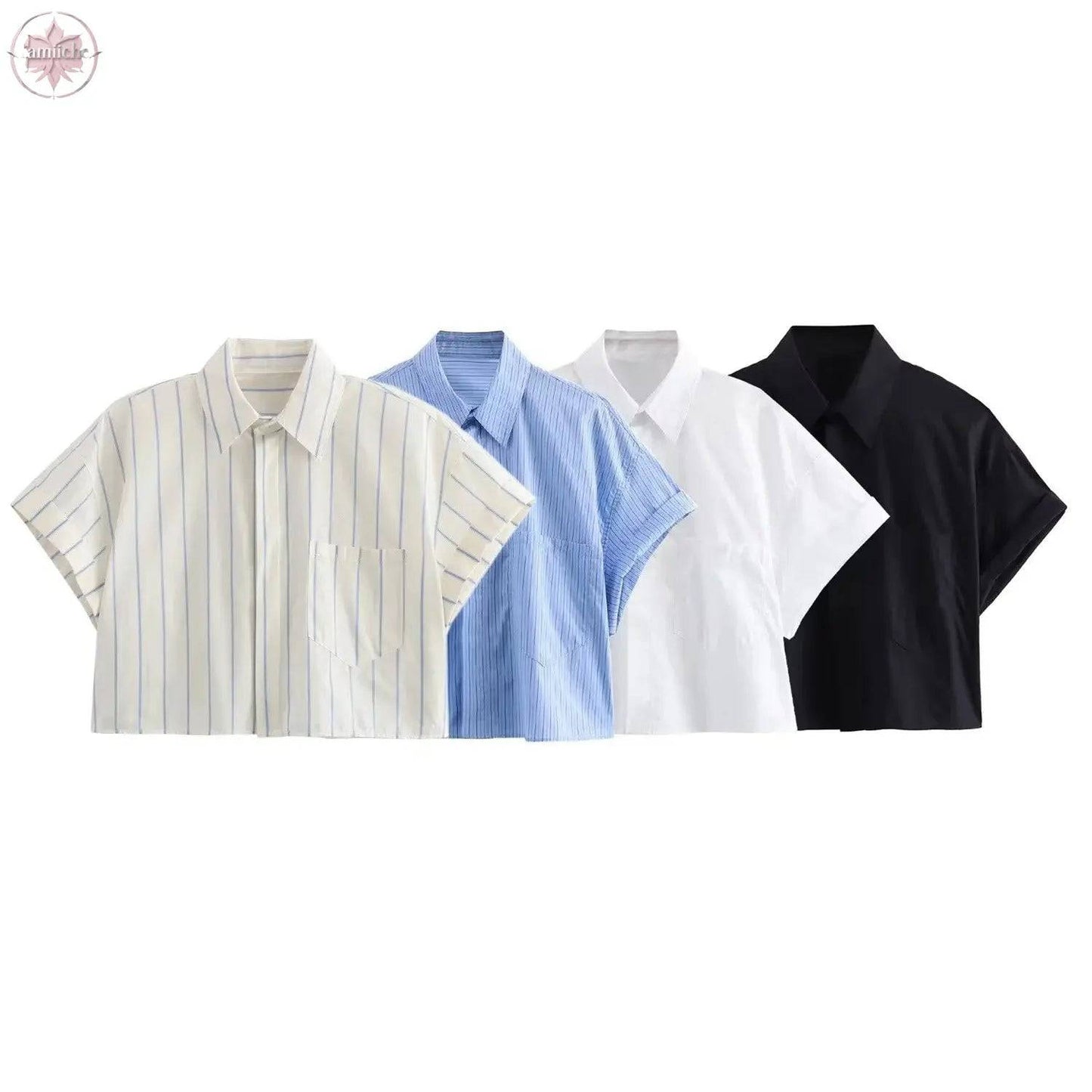 Fashion collar short sleeved single breasted solid color poplin shirt for women - Lamiiche