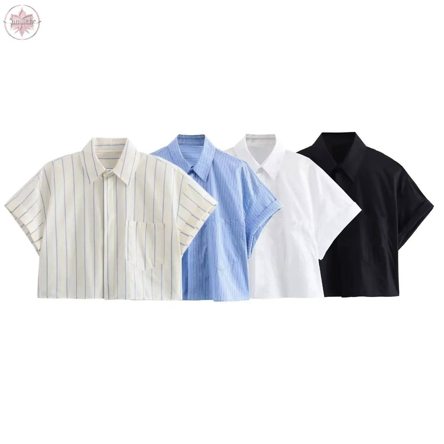 Fashion collar short sleeved single breasted solid color poplin shirt for women - Lamiiche