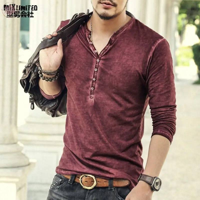 Brand Designer Men Cotton Vintage Henry T Shirts Casual Long Sleeve High quality Men old color Cardigan T shirt - Lamiiche