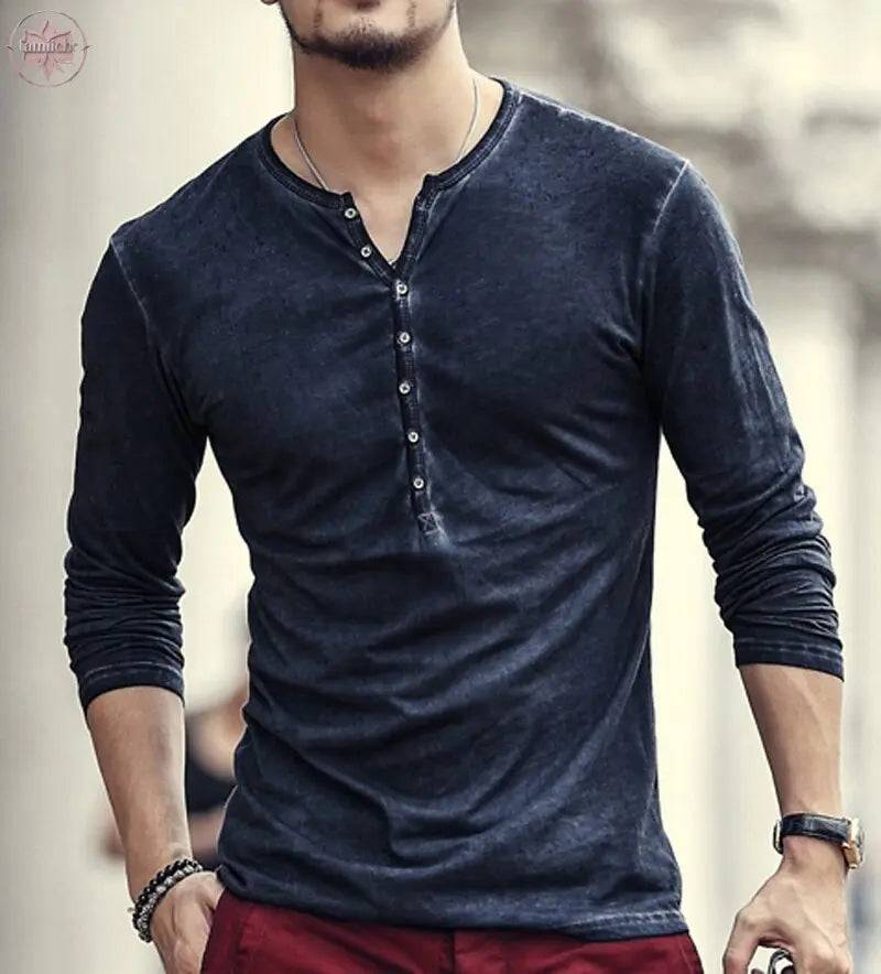 Brand Designer Men Cotton Vintage Henry T Shirts Casual Long Sleeve High quality Men old color Cardigan T shirt - Lamiiche