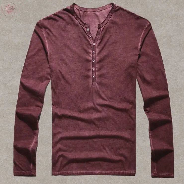Brand Designer Men Cotton Vintage Henry T Shirts Casual Long Sleeve High quality Men old color Cardigan T shirt - Lamiiche