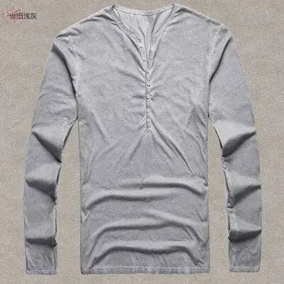 Brand Designer Men Cotton Vintage Henry T Shirts Casual Long Sleeve High quality Men old color Cardigan T shirt - Lamiiche