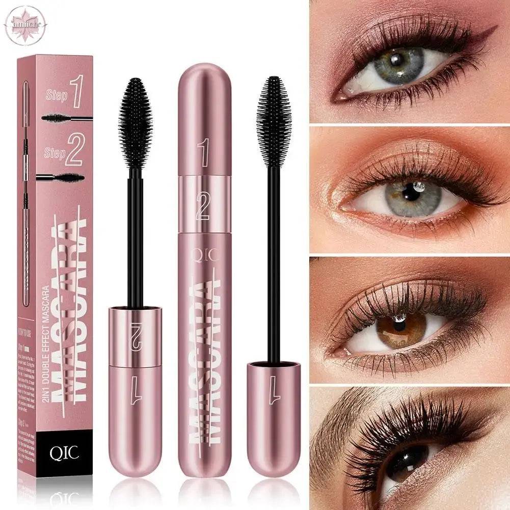 Double Head Black Mascara Waterproof Lengthens Extension Eyelashes Non-smudge Lengthening Volume 5D Silk Fiber Mascara Cosmetics - Lamiiche