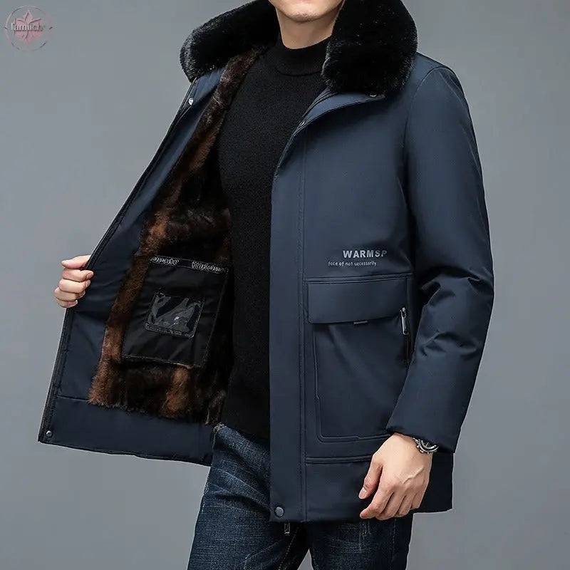Winter Men's Cotton Clothes In Young People's Casual New Solid Color Fur Collar Removable Cotton Clothes In Long Business Suit - Lamiiche