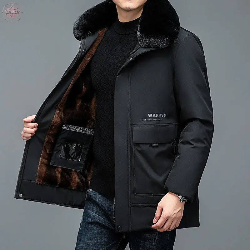 Winter Men's Cotton Clothes In Young People's Casual New Solid Color Fur Collar Removable Cotton Clothes In Long Business Suit - Lamiiche