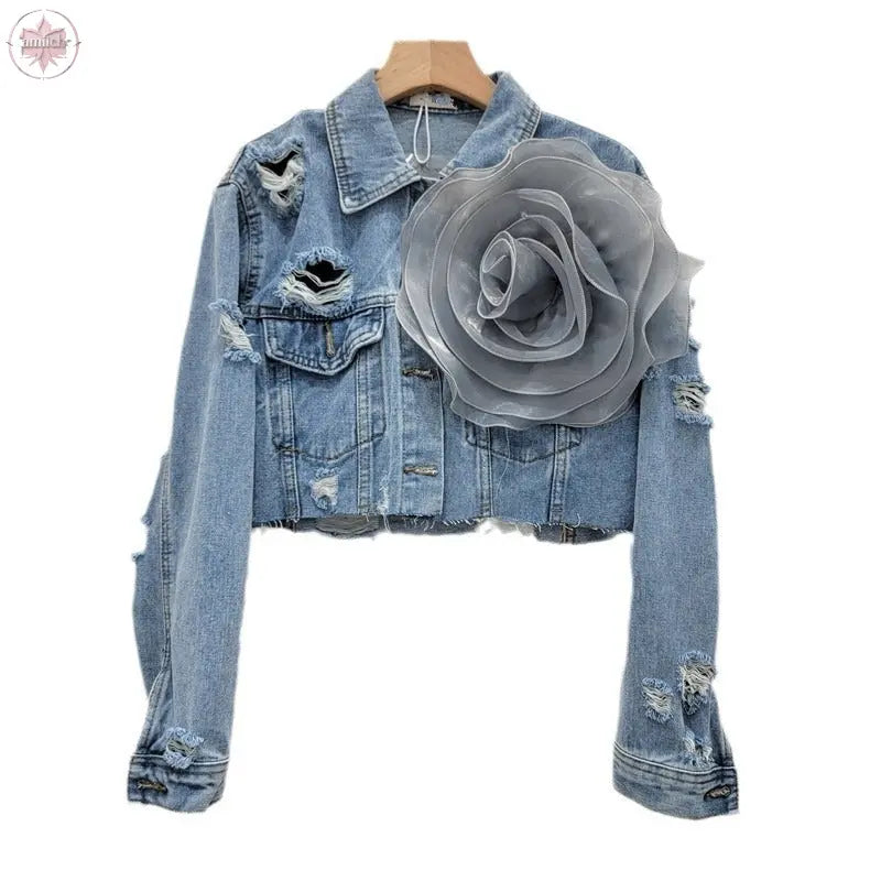 Three dimensional flower fashion tie dye pink personalized perforated pink stylish short denim jacket women's stylish jacket  Lamiiche