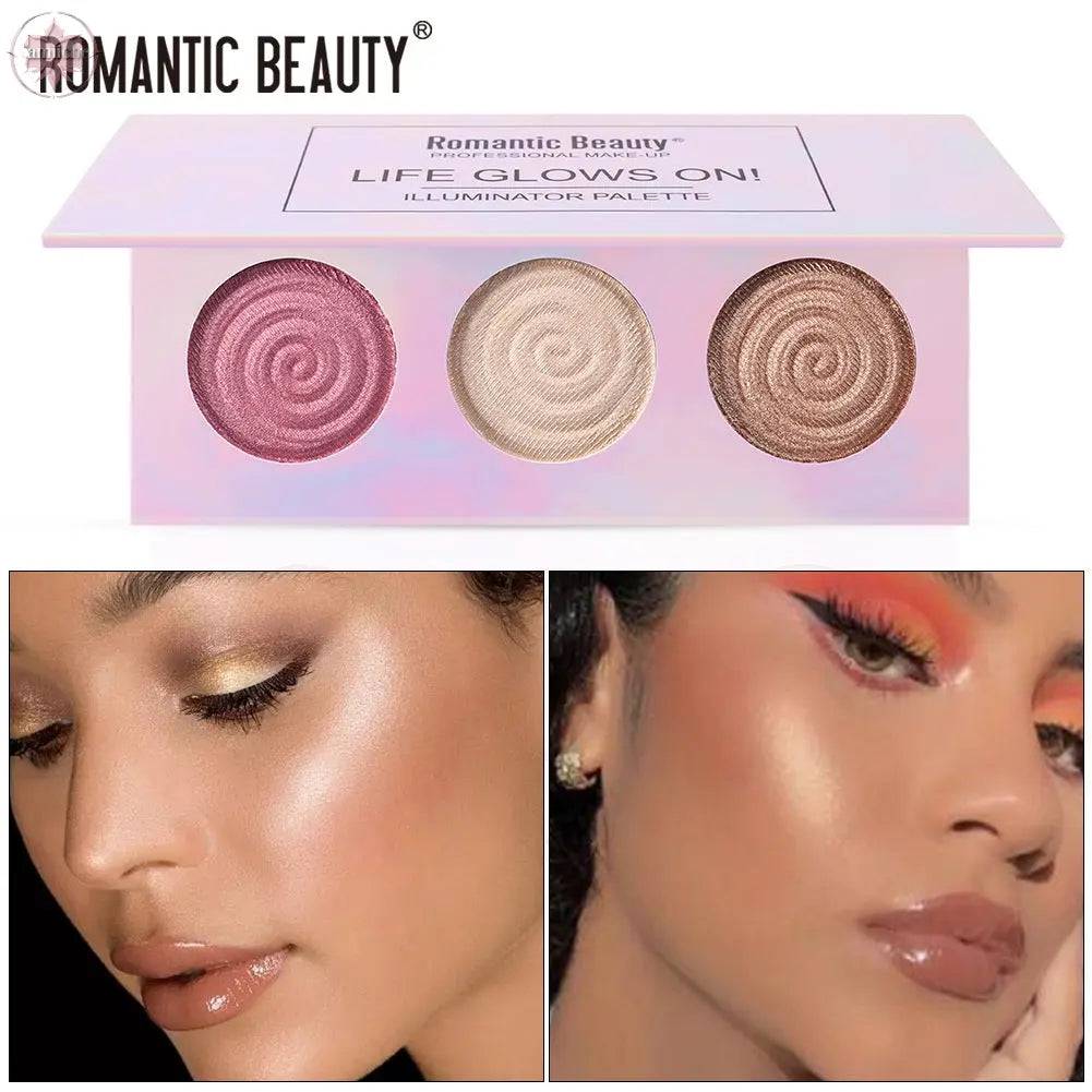 Romantic Beauty Tri-Color Baked Powder Highlighter Palette Pearl Glitter Highlighter Palette - Lamiiche