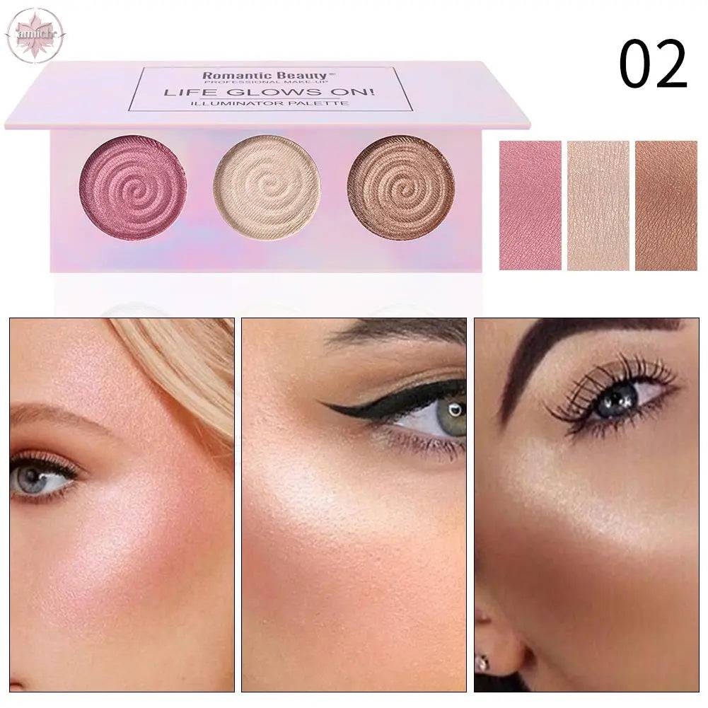 Romantic Beauty Tri-Color Baked Powder Highlighter Palette Pearl Glitter Highlighter Palette - Lamiiche