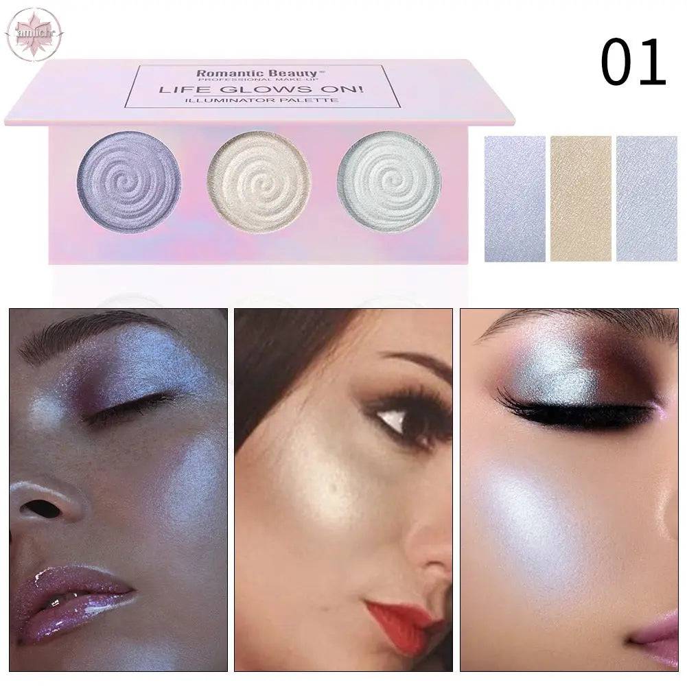 Romantic Beauty Tri-Color Baked Powder Highlighter Palette Pearl Glitter Highlighter Palette - Lamiiche