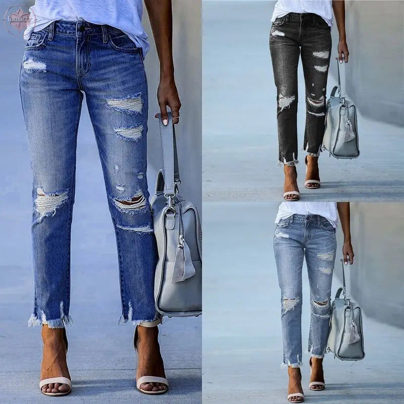 New Pencil Pants Ripped Slim Fit High Waist Vintage Streetwear Casual Fashion Stretch Blue Jeans Woman  Lamiiche