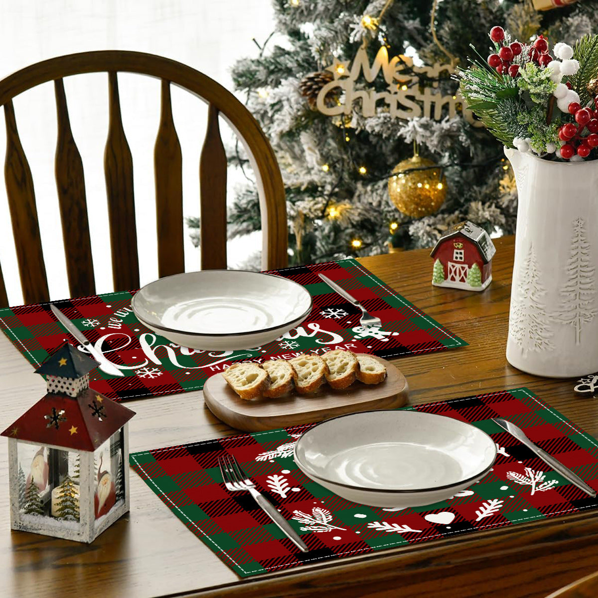 Christmas Tree Elk Printed Meal Mat Christmas Striped Checkered Table Mat White Hemp Western Food Mat