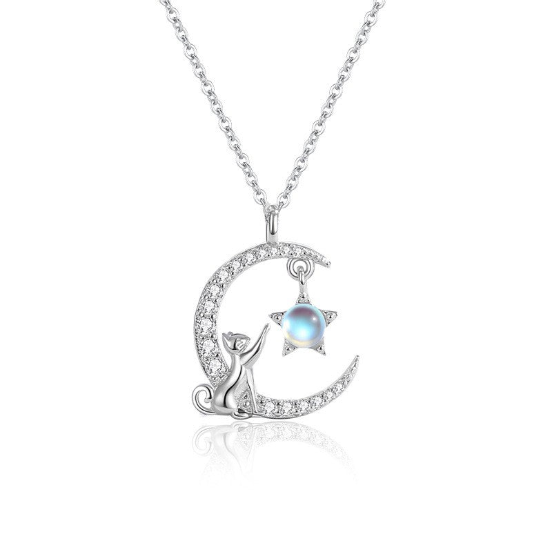 Sterling Silver Cat Moon Necklace