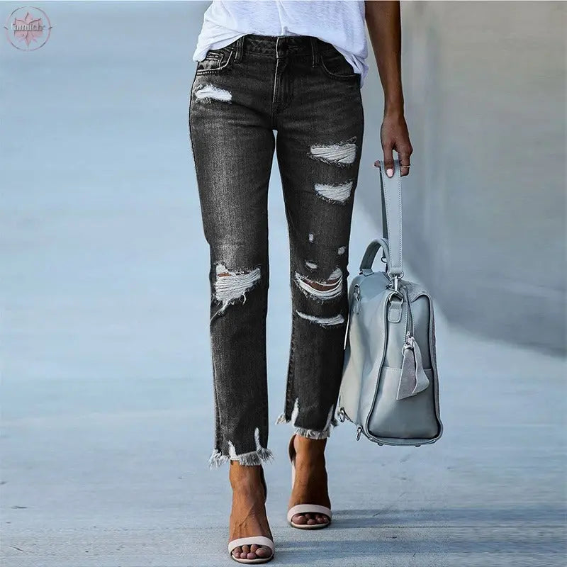 New Pencil Pants Ripped Slim Fit High Waist Vintage Streetwear Casual Fashion Stretch Blue Jeans Woman  Lamiiche