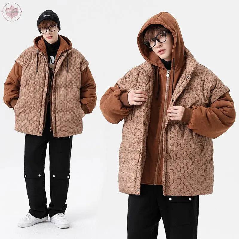 Fashion Hooded Men's Cotton Padded Clothes New Winter Thickened Warm Lovers' Outerwear Fake Two Down Cotton Padded Clothes - Lamiiche