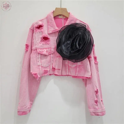 Three dimensional flower fashion tie dye pink personalized perforated pink stylish short denim jacket women's stylish jacket  Lamiiche