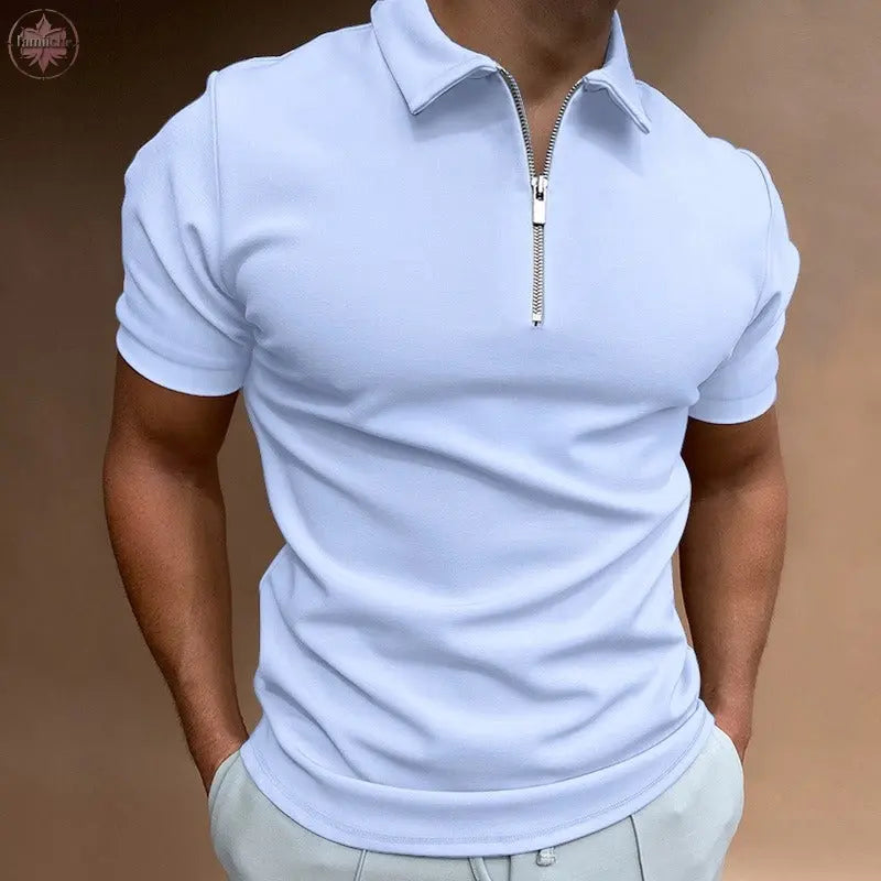 Summer men's thin solid color short sleeved POLO shirt with flip collar zipper slim fit top T-shirt  Lamiiche