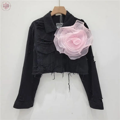 Three dimensional flower fashion tie dye pink personalized perforated pink stylish short denim jacket women's stylish jacket  Lamiiche