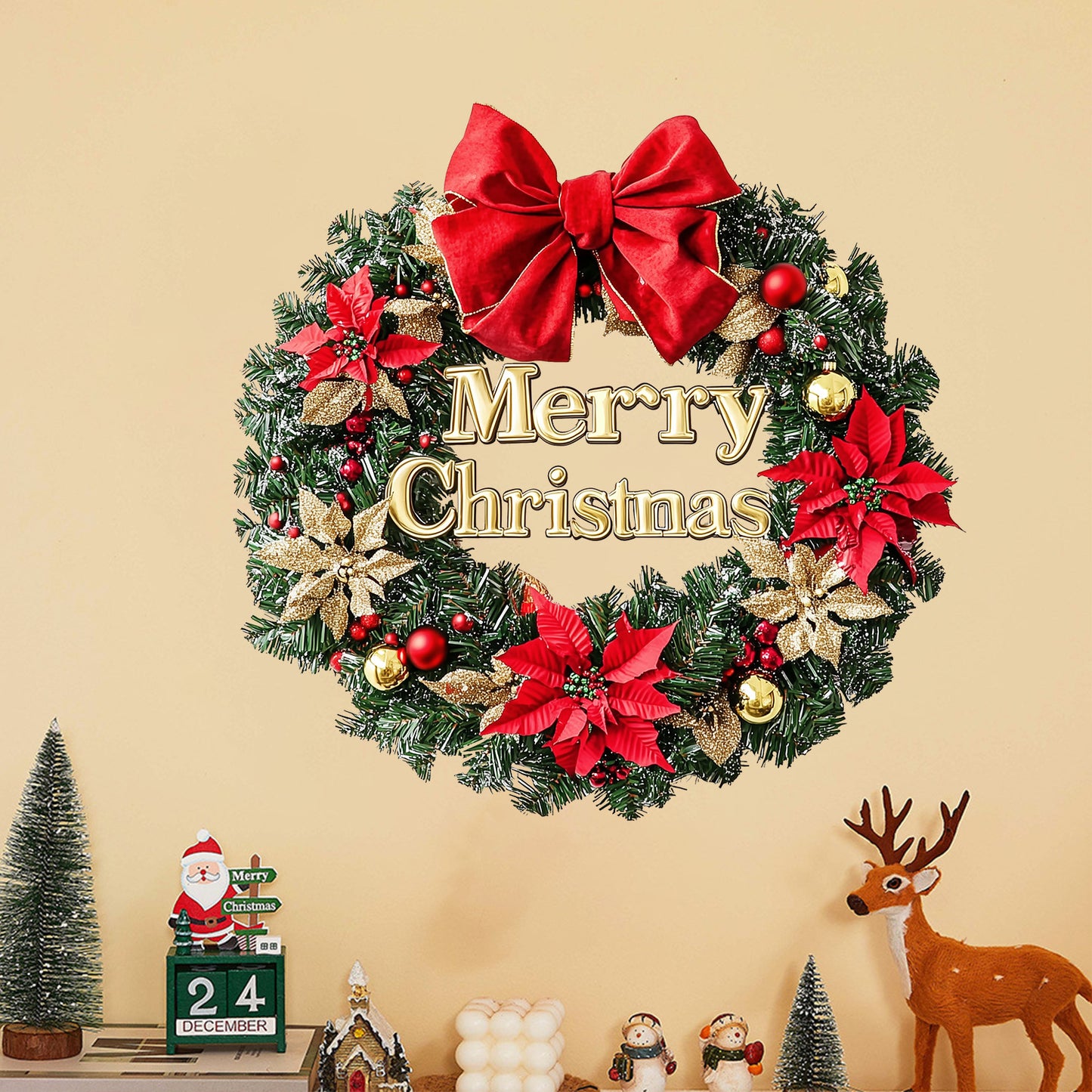 Christmas Bow, Gold and Red Flower Wreath Stickers, Wall Stickers, Decoration for the New Year's Festival