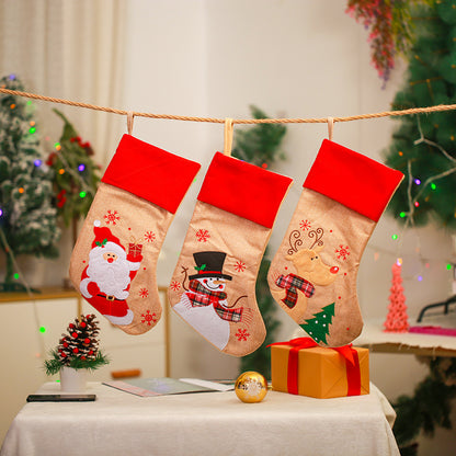 Christmas Decoration Linen Red Bordered Old Man Snowman Christmas Socks Christmas Gift Bag Candy Socks