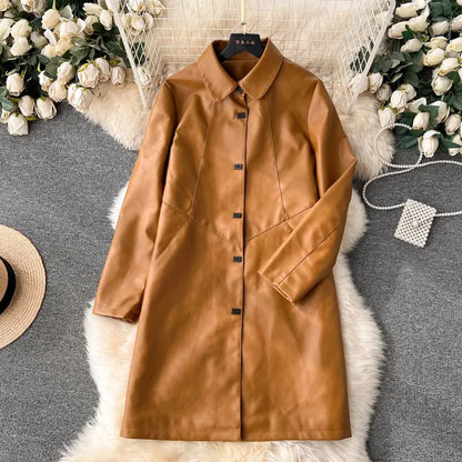 Leather Long Jacket Christmas Women Autumn Winter Long Sleeve High Street Female Outerwear Single Breasted Thick Cotton PU Coats