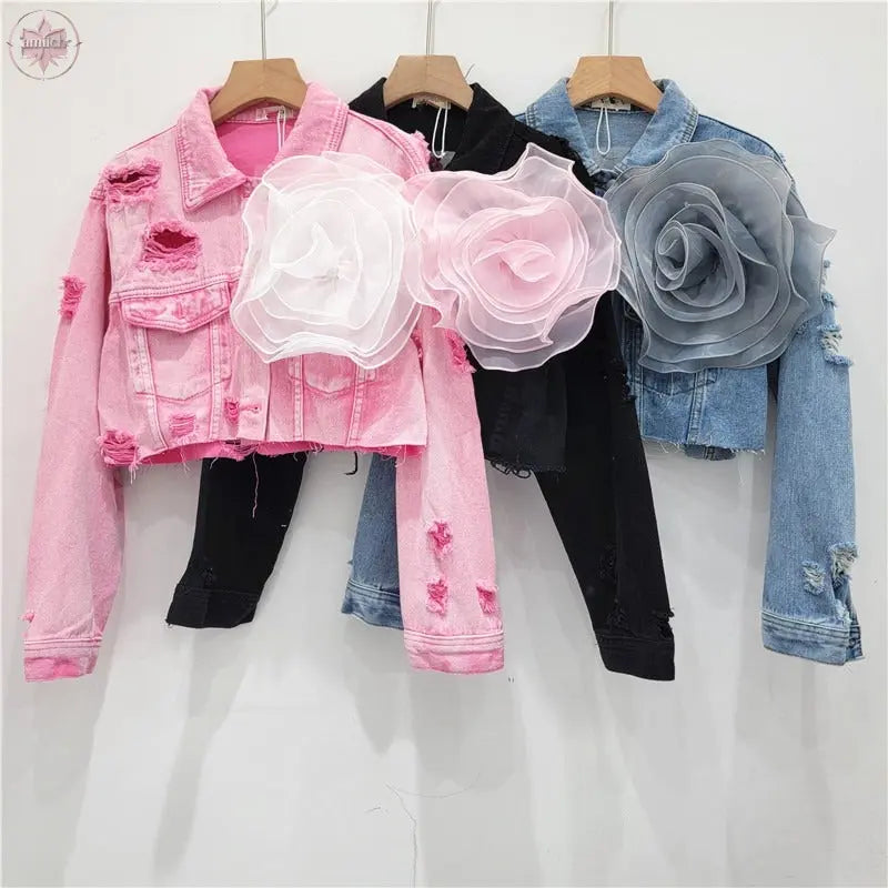 Three dimensional flower fashion tie dye pink personalized perforated pink stylish short denim jacket women's stylish jacket  Lamiiche