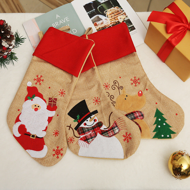 Christmas Decoration Linen Red Bordered Old Man Snowman Christmas Socks Christmas Gift Bag Candy Socks