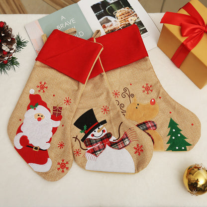 Christmas Decoration Linen Red Bordered Old Man Snowman Christmas Socks Christmas Gift Bag Candy Socks
