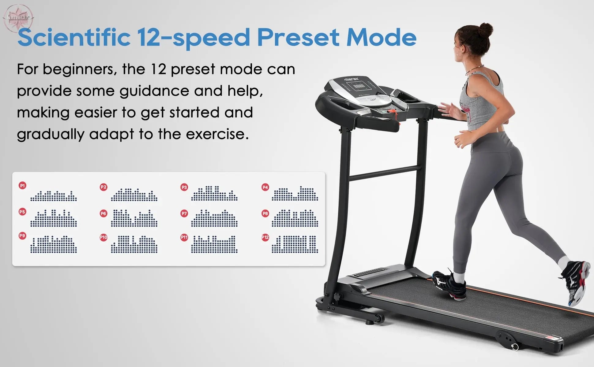 Home folding treadmill with pulse sensor, 2.5-horsepower silent brushless motor, 3-level tilt, 12 preset programs  Lamiiche