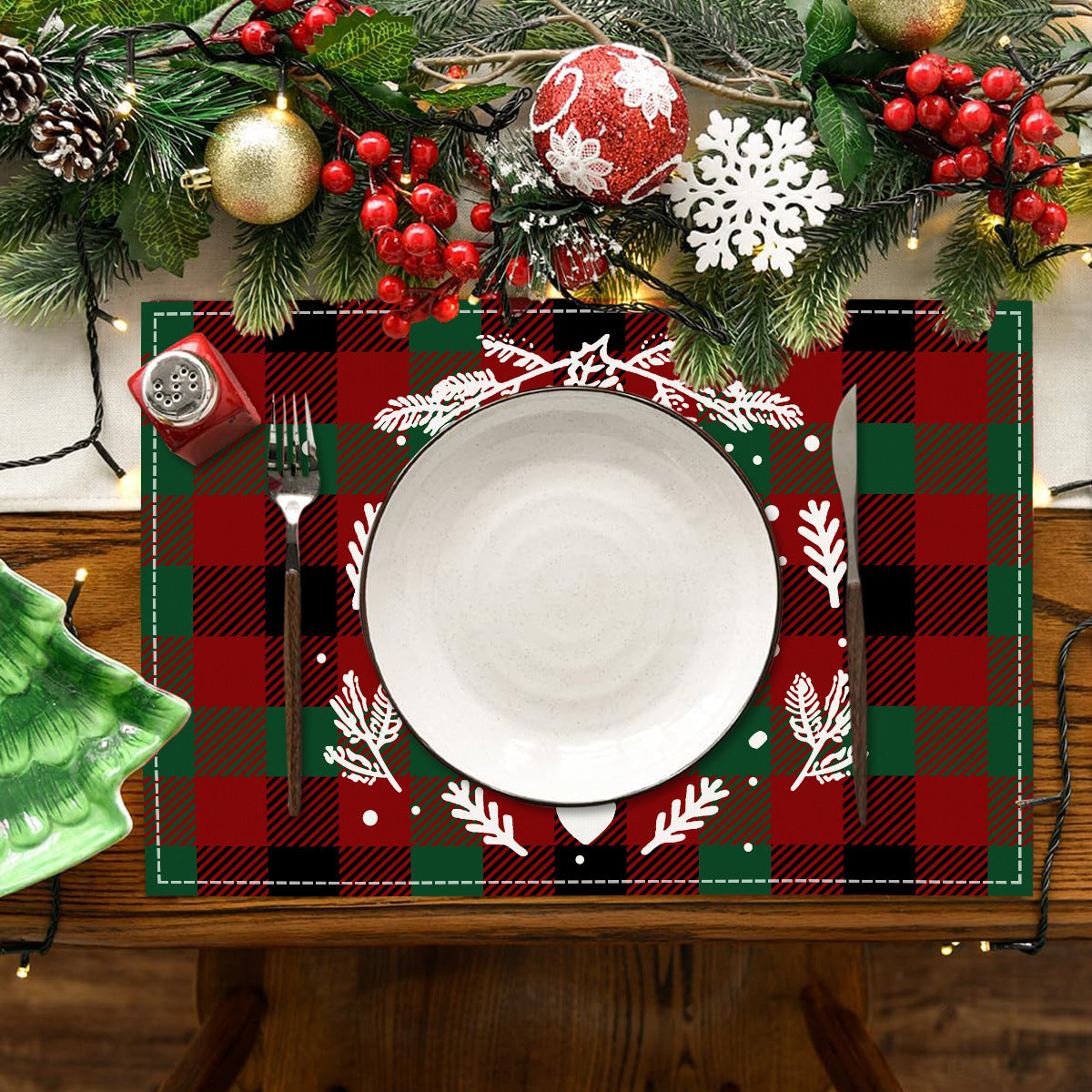 Christmas Tree Elk Printed Meal Mat Christmas Striped Checkered Table Mat White Hemp Western Food Mat