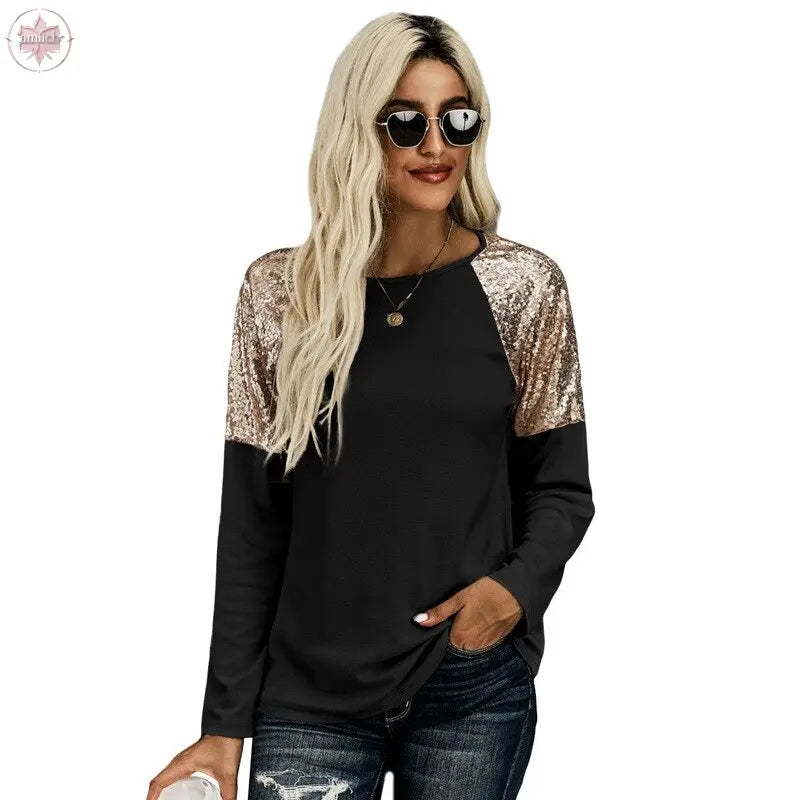 New Autumn Winter Hoods  Solid Sequin Stitching Round Neck Long Sleeve Casual Slim Woman Sweatshirts  Lamiiche