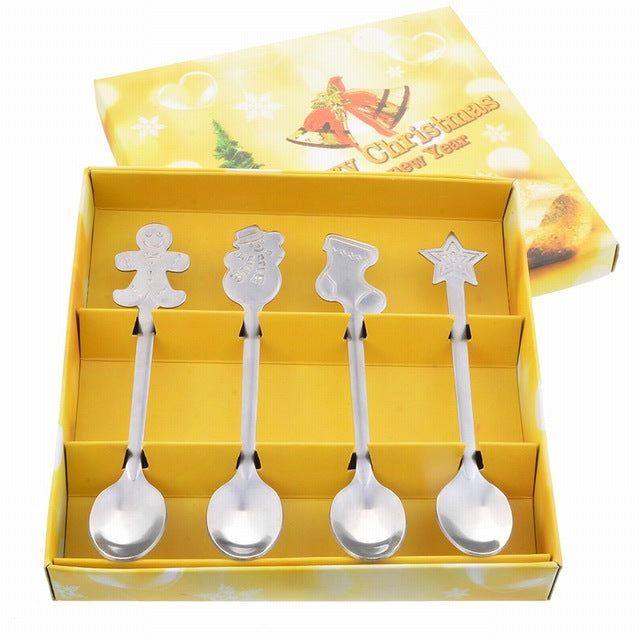 4pcs Christmas Style Teaspoon Christmas Cutlery Flatware Decoration Accessories Stainless Steel Coffee Dessert Ice Cream Spoon