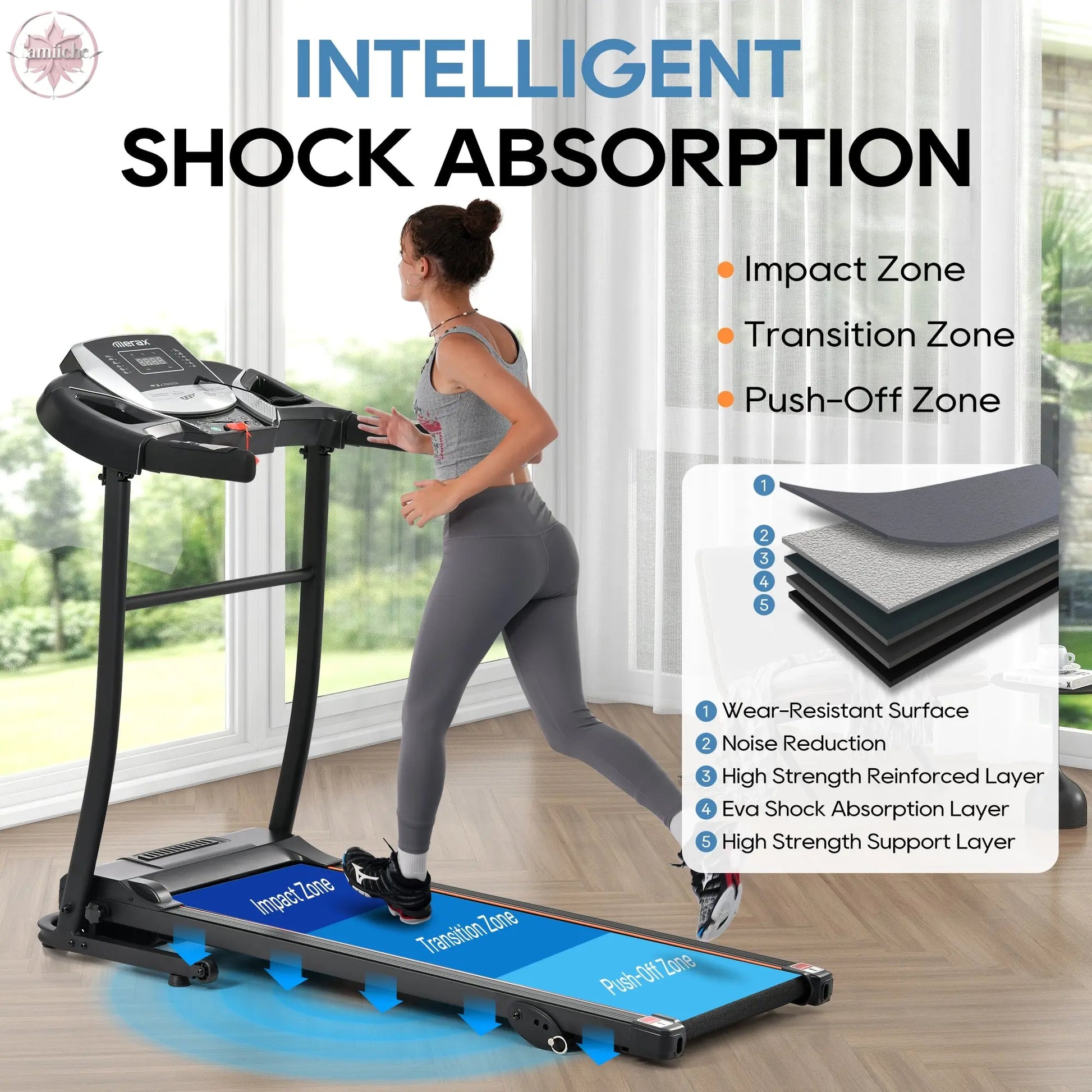 Home folding treadmill with pulse sensor, 2.5-horsepower silent brushless motor, 3-level tilt, 12 preset programs  Lamiiche