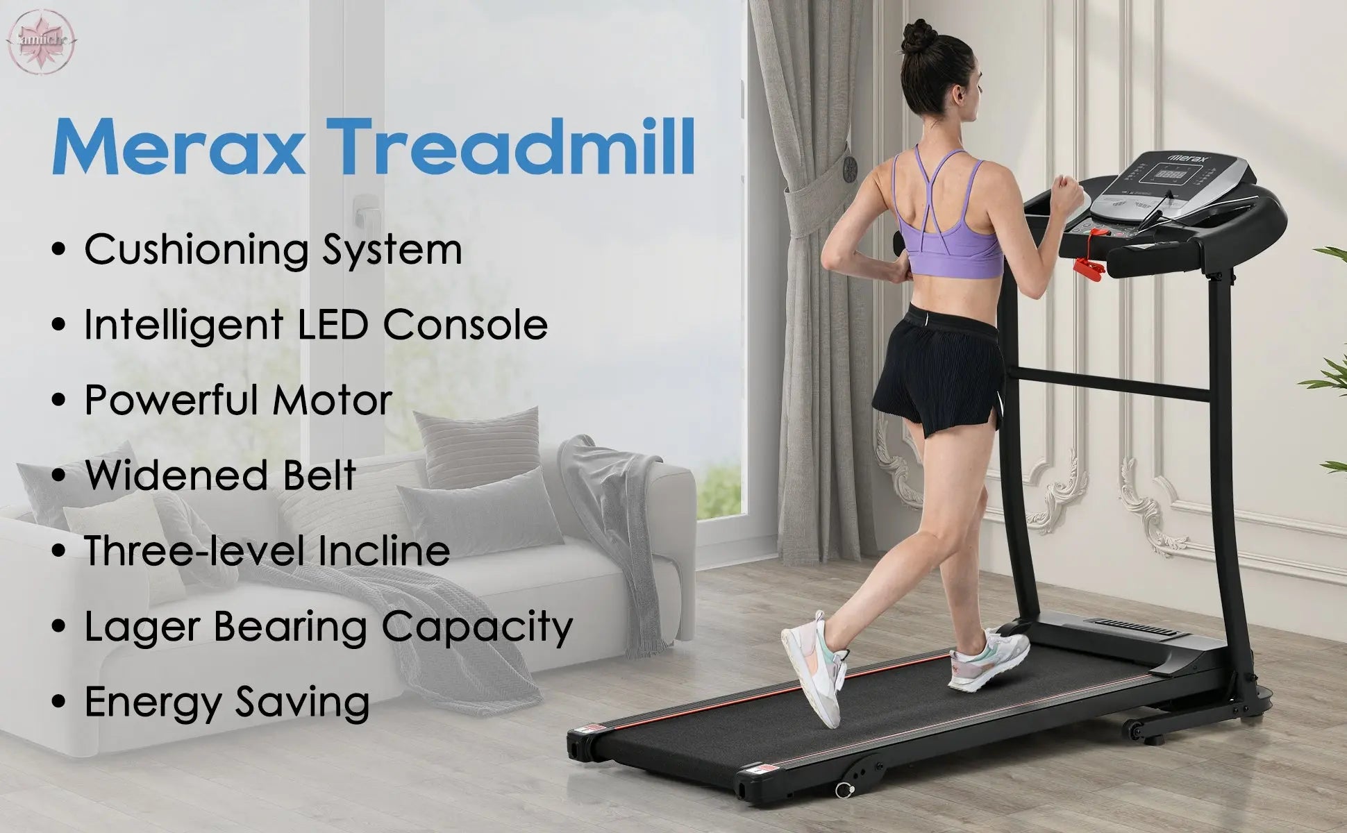 Home folding treadmill with pulse sensor, 2.5-horsepower silent brushless motor, 3-level tilt, 12 preset programs  Lamiiche