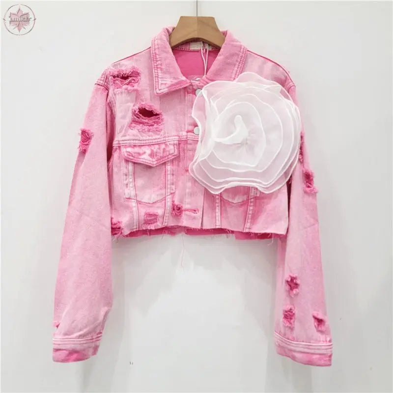 Three dimensional flower fashion tie dye pink personalized perforated pink stylish short denim jacket women's stylish jacket  Lamiiche