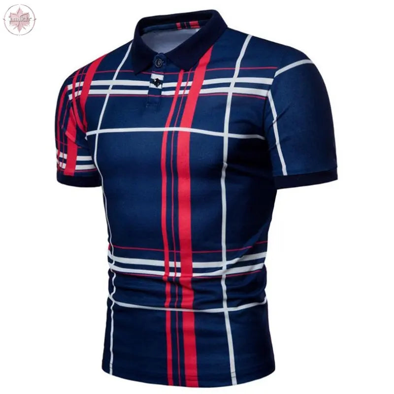 Men Casual Lattice Short Sleeve Different Frinting Grid Polo Shirt  Lamiiche