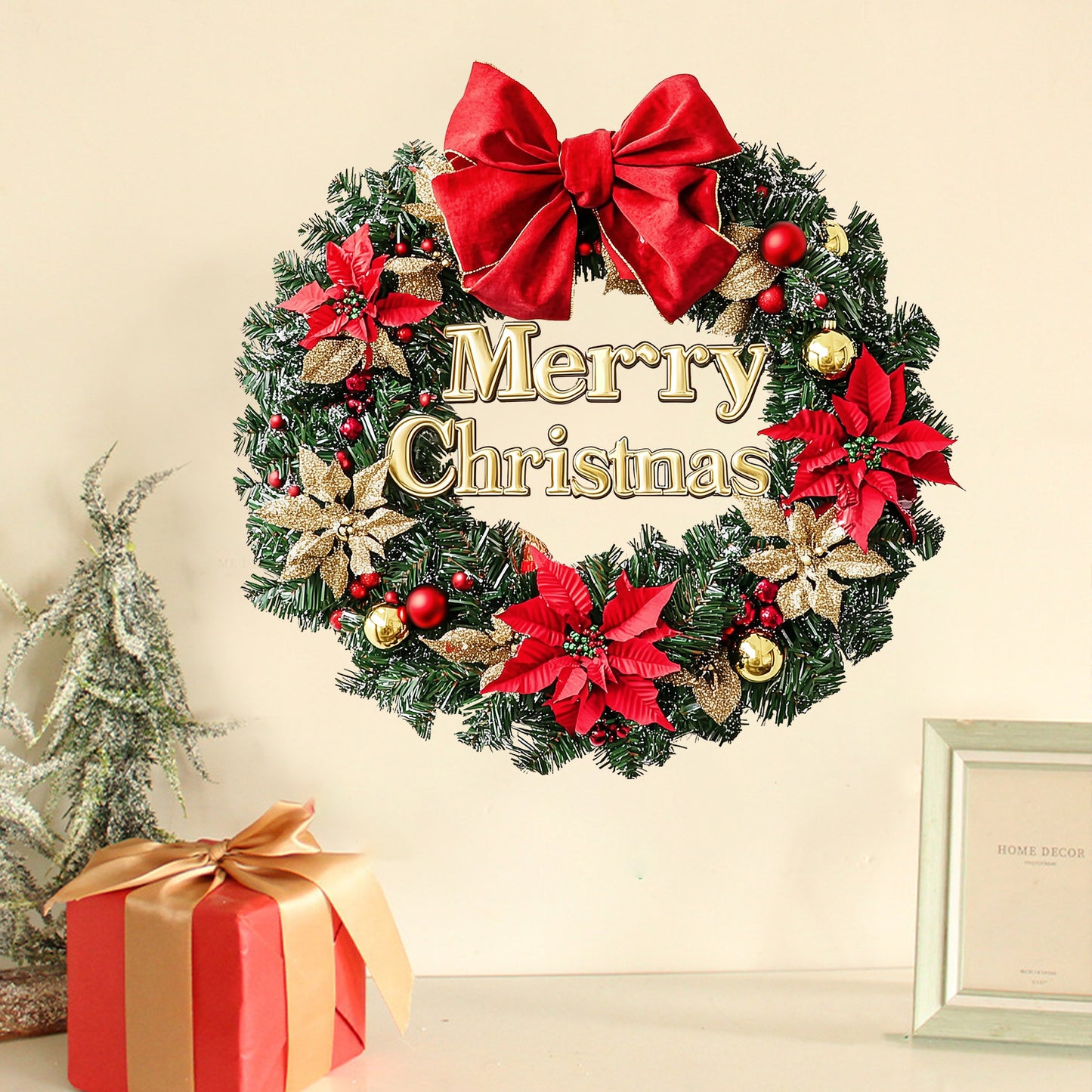 Christmas Bow, Gold and Red Flower Wreath Stickers, Wall Stickers, Decoration for the New Year's Festival