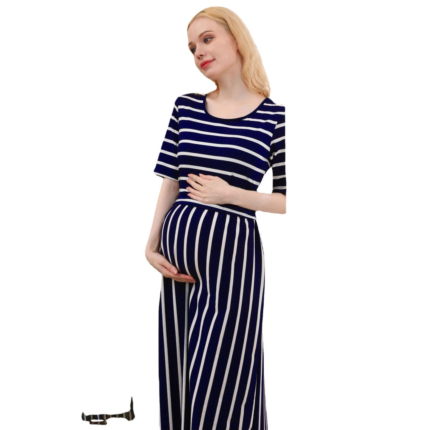 maternity striped round neck breastfeeding dress