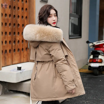 Winter Cotton Padded Clothes Women's Medium Length Loose Warm Keeping Style Overcomes Big Wool Collar Hooded Thick Cotton Padded Clothes  Lamiiche